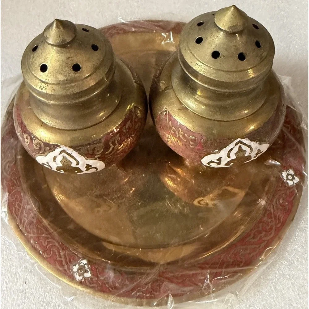 Vintage Siam Thailand Brass Enamel Buddha Salt Pepper Shakers Tray Red